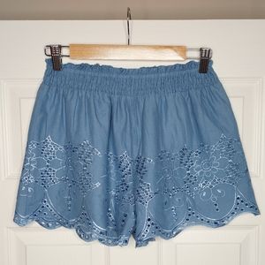 SMELL THE ROSES EMBROIDERED EYELET SHORTS. BLUE L